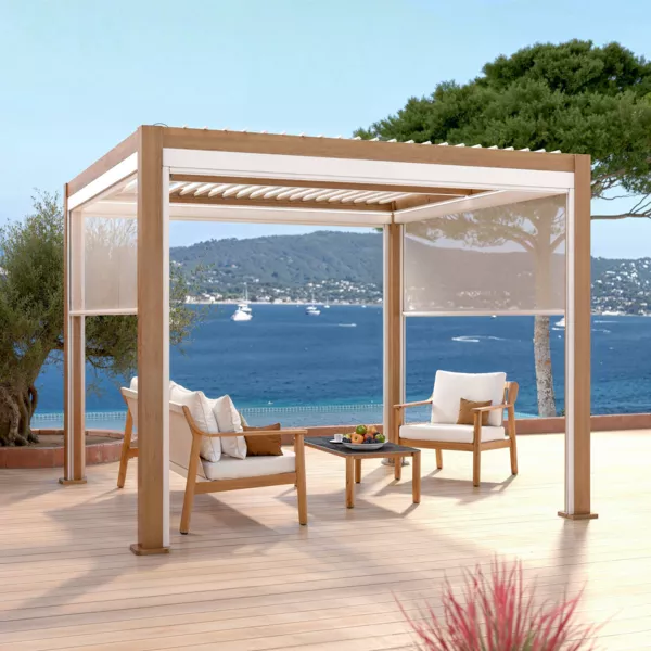 Pérgola bioclimática autoportante motorizada de aluminio (3 x 3 m) LED - Madera
