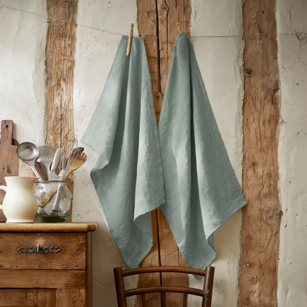Set van 2 gastendoekjes gewassen linnen (50 x 70 cm) Louise Eucalyptus groen
