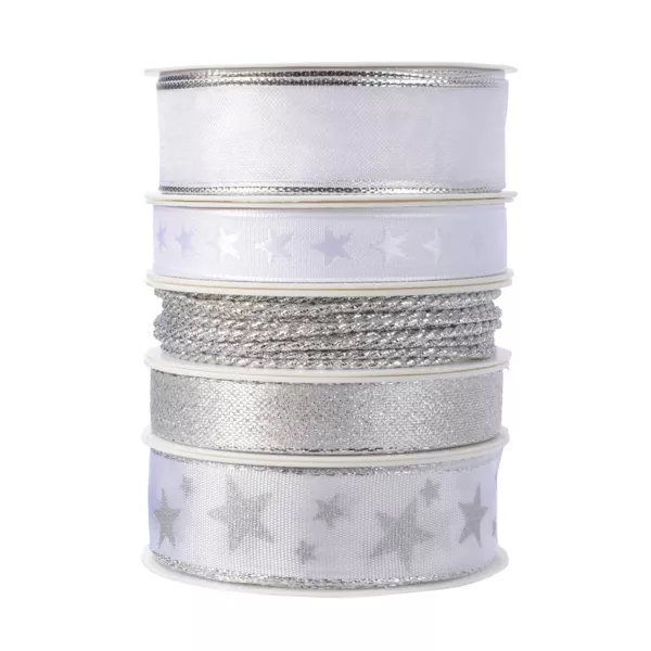 5er Set Geschenkband Weihnachten 3 m - Satin und Sterne Silber