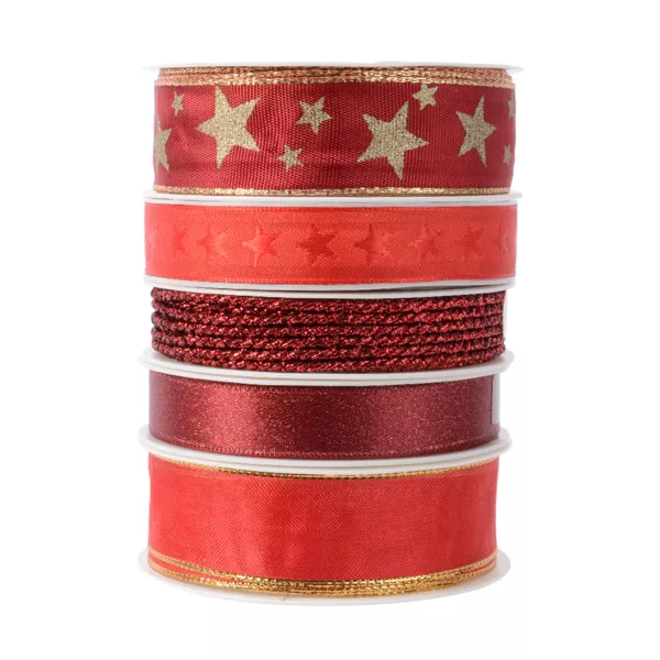 Set van 5 kerstlinten 3 m - Satijn en sterren Rood
