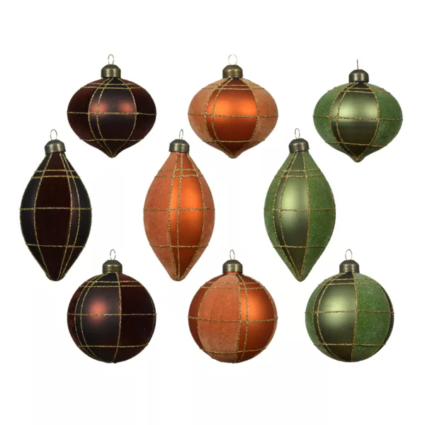 Lote de 12 adornos de Navidad de vidrio (D80 mm) Terciopelo Negro trufado, Calabaza y Romero