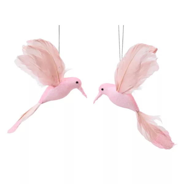 Lote de 2 pájaros para colgar (H8 cm) Colibrí de Navidad Rosa empolvado