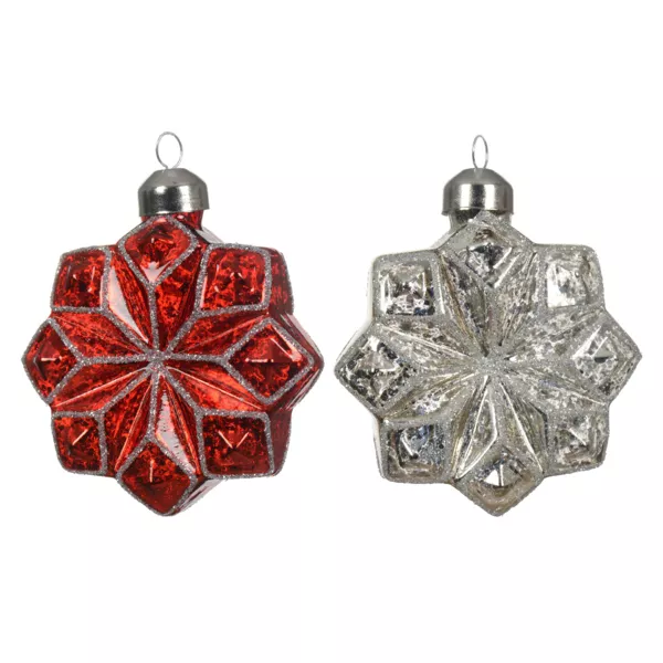 Lote de 12 flores de Navidad de vidrio (D80 mm) Pralognan Rojo y plata