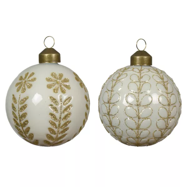 Set van 12 glazen kerstballen (D80 mm) Witte wol en gouden ornamenten