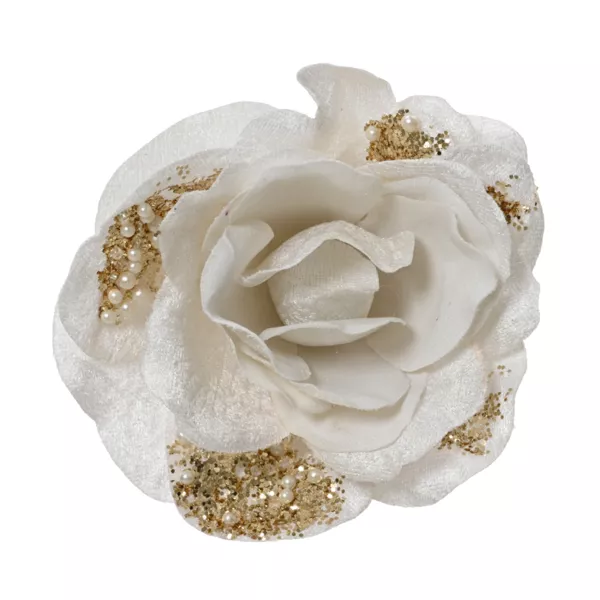 Flor de Navidad sobre varilla Brillo rosa y cuentas Blanco
