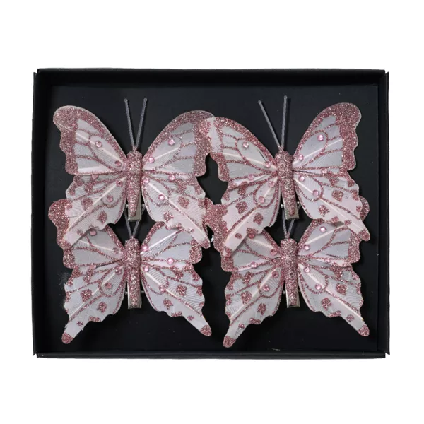 Lot de 4 Papillons sur pince (H8 cm) Éclats et perles Rose poudré