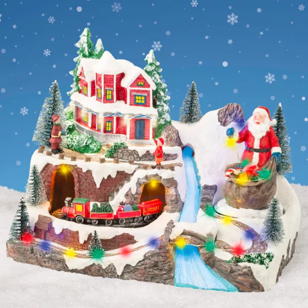 Scena Animata A Led Villaggio Innevato Con Babbo Natale E Trenino