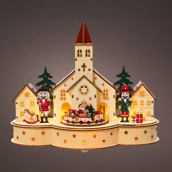Pueblo de Navidad luminoso y musical de madera a pilas (30 x H24 cm) Iglesia y cascanueces