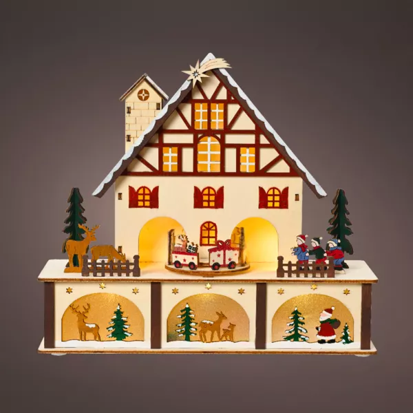Pueblo de Navidad de madera luminoso y musical a pilas (27 x H24 cm) Chalet Suizo Colorido
