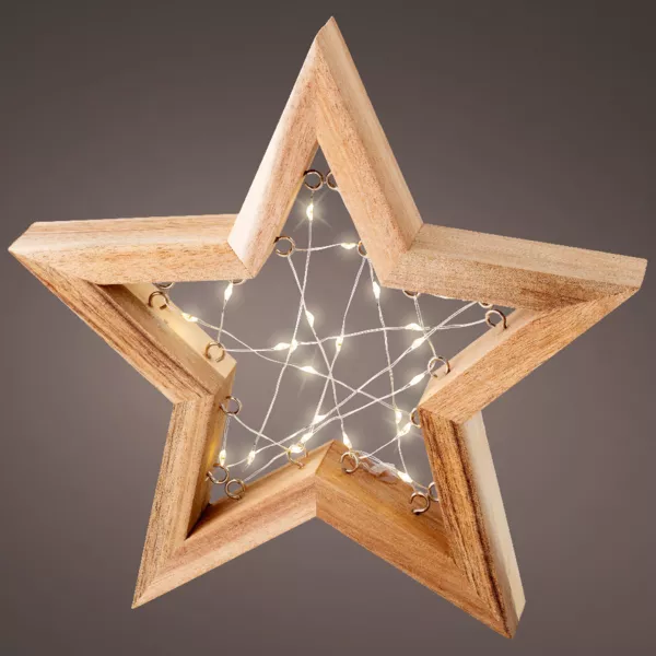 Étoile lumineuse à piles 23 LED (H24 cm) Astre en bois Blanc chaud