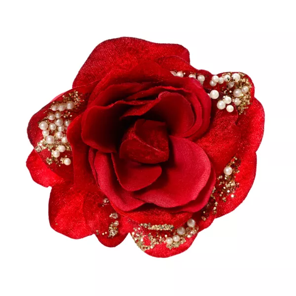 Fleur décorative sur pince (D13 cm) Rose perlée Rouge