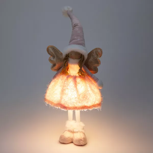 Ange de Noël lumineux à piles (H50 cm) Gladys robe Rose