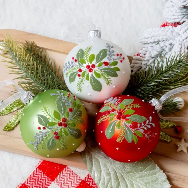 Lote de 6 bolas de Navidad de vidrio (D80 mm) Hojas de Acebo Multicolor