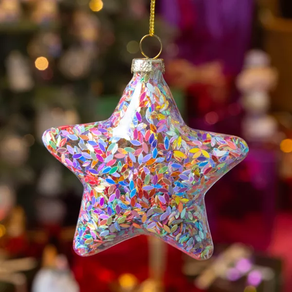 Sæt af 12 julestjerner i glas (D90 mm) Festlige flerfarvede glimmer