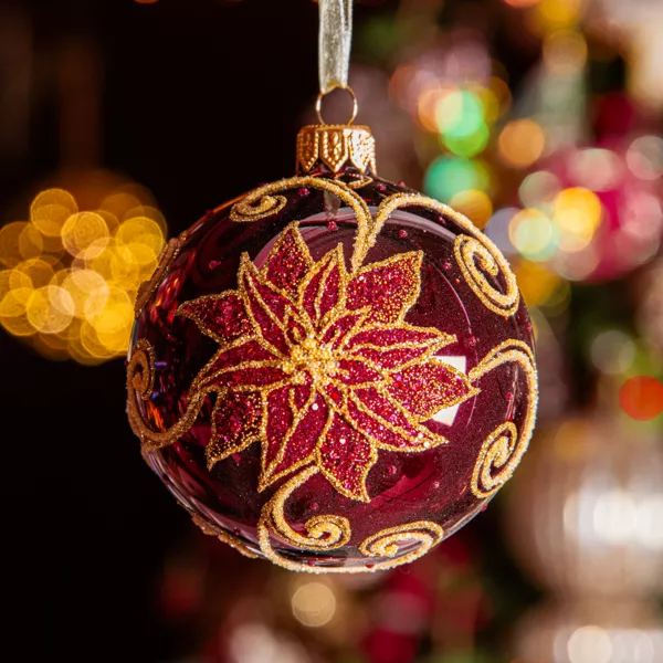 Sæt med 6 julekugler i glas (D80 mm) Poinsettia Bordeaux