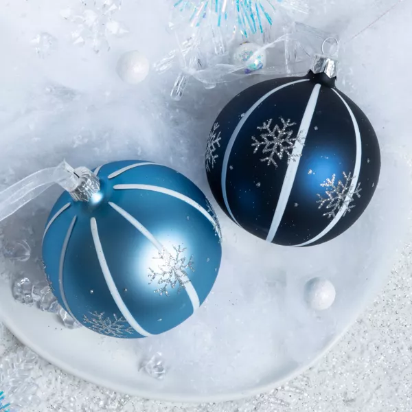 Set van 6 kerstballen van glas (D80 mm) Nachtelijke Sneeuwvlokken Blauw