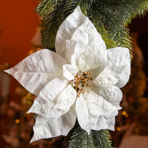 Poinsettia de Noël sur clip (D25 cm) Pureté pailletée Blanc