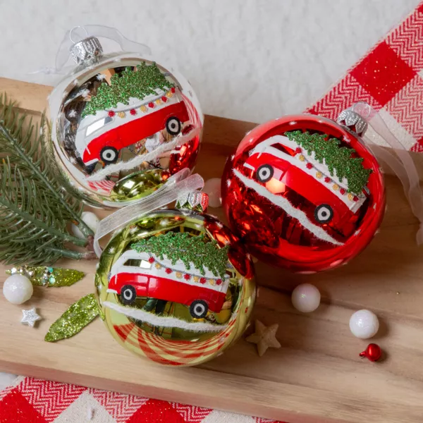 Lote de 6 bolas de Navidad de vidrio (D80 mm) Mini bus y Pinos