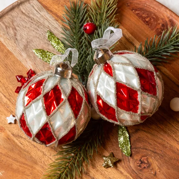 Lot de 12 boules de Noël en verre (D80 mm) Damiers Rouge et blanc