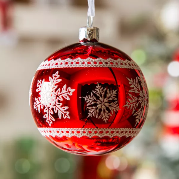 Lote de 6 bolas de Navidad de vidrio (D80 mm) Copos de nieve Rojo