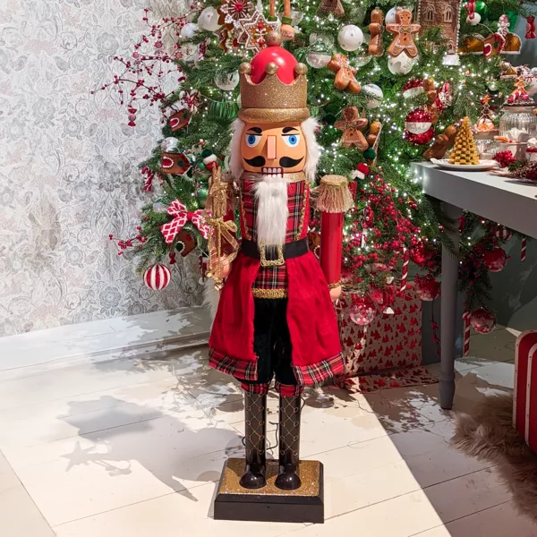 PAMINGONO 25cm Rouge Noël Père Noël Casse-Noisette Fait Main En Bois Marionnette Ornement De Noël Décoration De La Maison