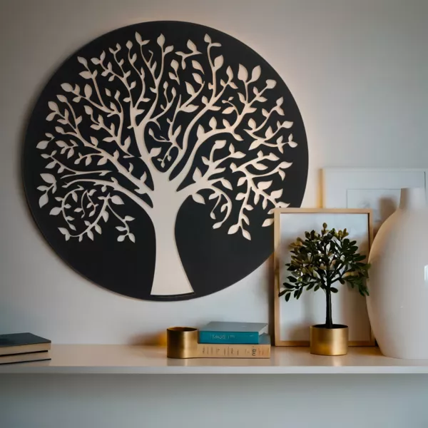 Decoración mural redonda de metal (D60 cm) Árbol de la vida Negro