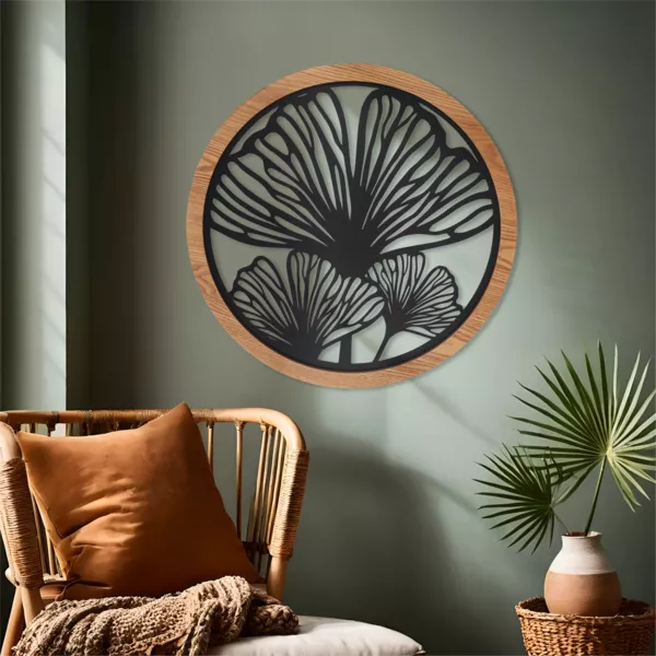 Decoración mural redonda de metal (D60 cm) Ginkgo Negro
