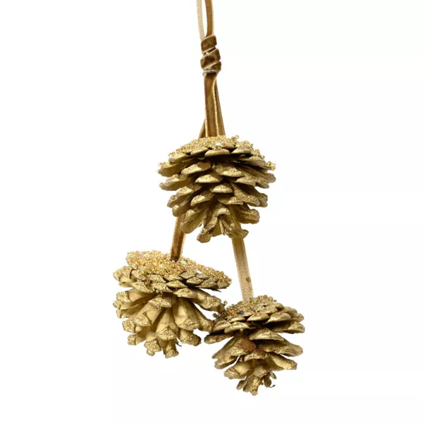 Suspension de 3 pommes de pin (H25 cm) Perlée Dorée