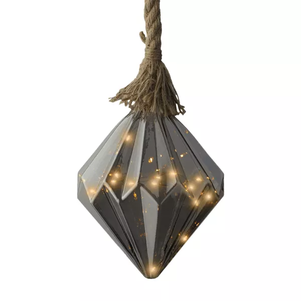Suspension lumineuse en verre à piles 15 LED (H20 cm) Diamant Gris et blanc chaud