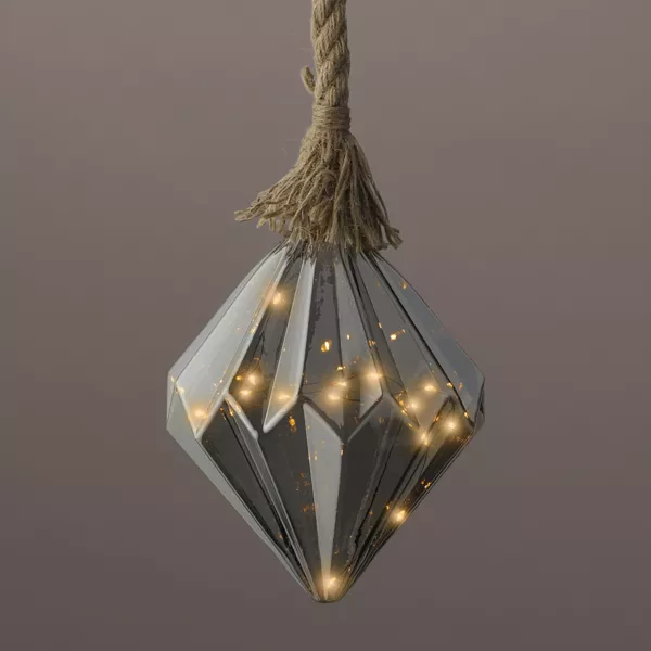 Suspension lumineuse en verre à piles 15 LED (H20 cm) Diamant Gris et blanc chaud