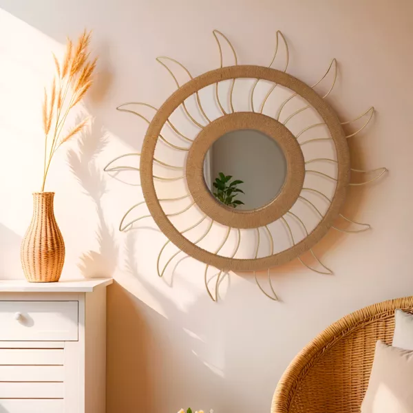 Espejo y decoraci�n de pared en c��amo (D75 cm) Sun Beige