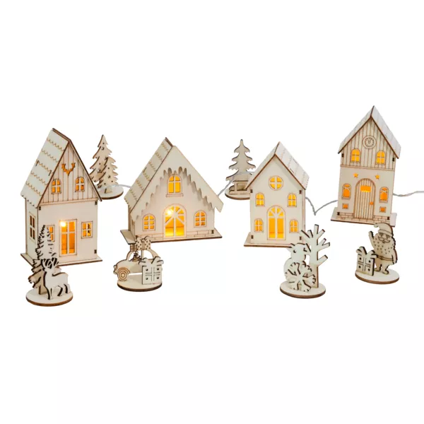 Beleuchtetes Weihnachtsdorf aus Holz batteriebetrieben (H10 cm) Village complet Slovène