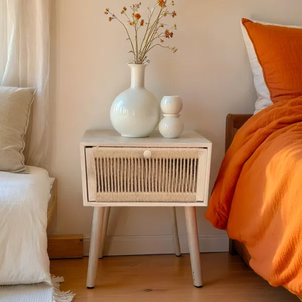 Sengebord i træ og hampreb (H58 cm) Manille skuffe Beige