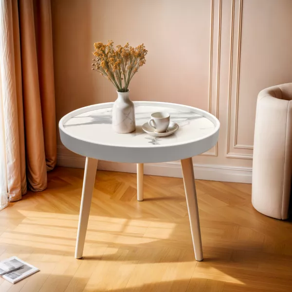 Mesa de centro redonda efecto mármol (A43 cm) Déa Blanco