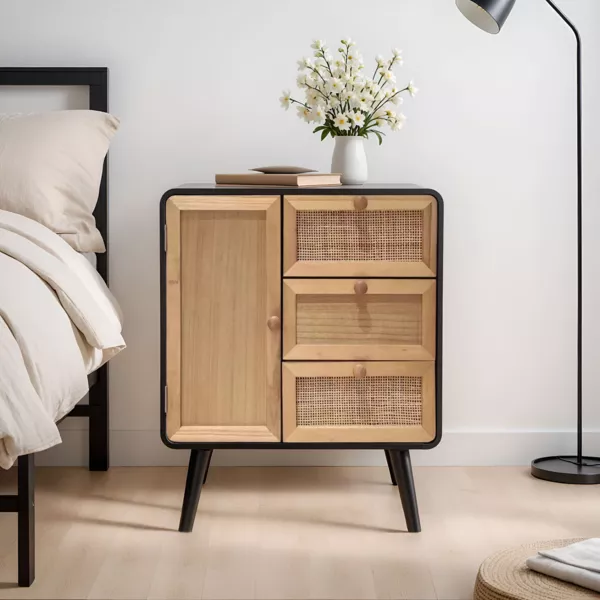 Sidebord i træ og flet (H60 cm) Osaka Sort og træ