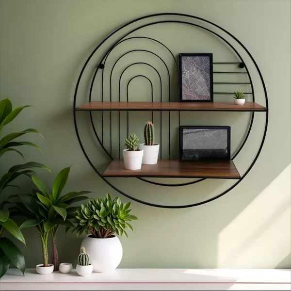 Estante de pared metal 2 niveles + 2 marcos para fotos (D 50 cm) Tiggy Negro