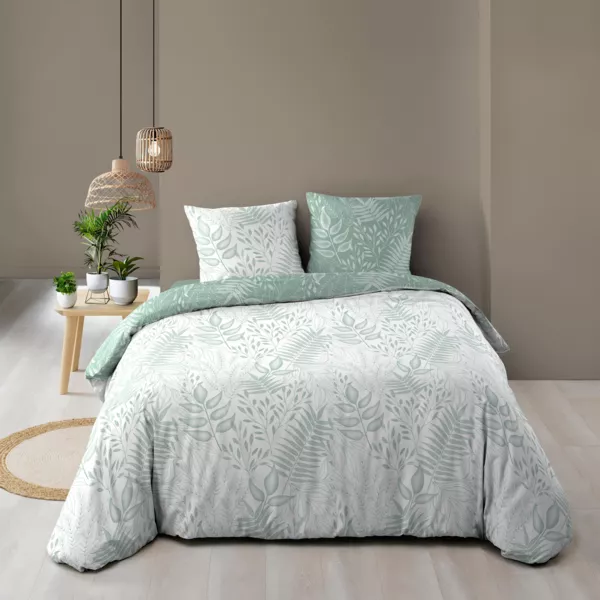 Funda nórdica y dos fundas de almohada de tela de algodón (240 x 220 cm) Cassia Verde salvia