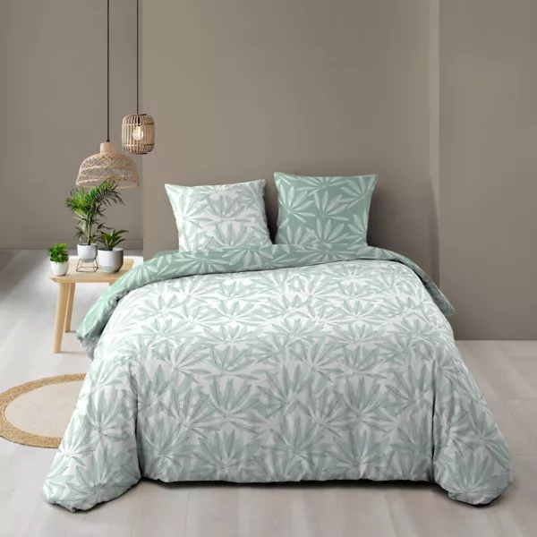 Housse de couette et deux taies coton (260 x 240 cm) Malia Vert sauge