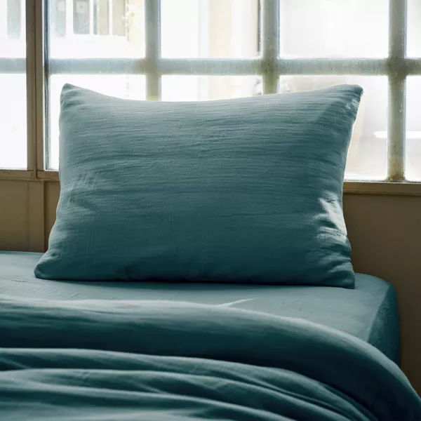 Funda para almohada rectangular en gasa de algodón (L80 cm) Gaïa Azul trullo