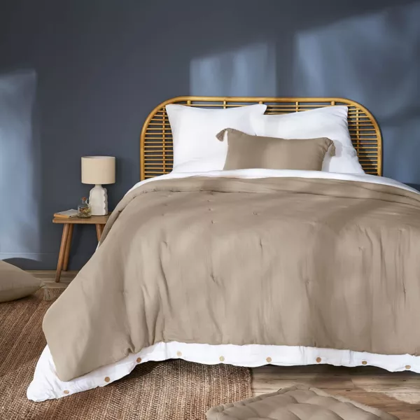 Gestikte katoenen gaas bedsprei (240 x 220 cm) Gaïa Bruin touw