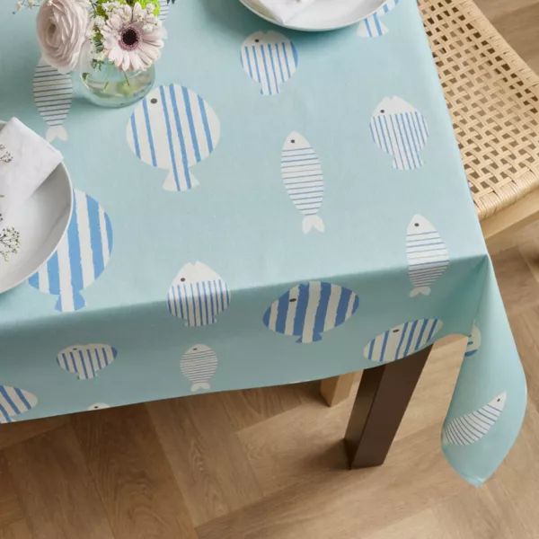 Mantel rectangular de algodón revestido (150 x 350 cm) Fish Azul