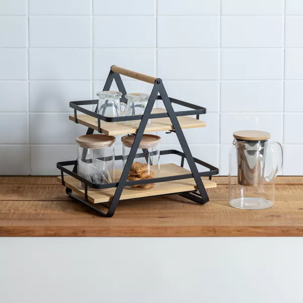 Estantera de cocina porttil de madera de 2 niveles con asa (H29 cm) Ordera Negro