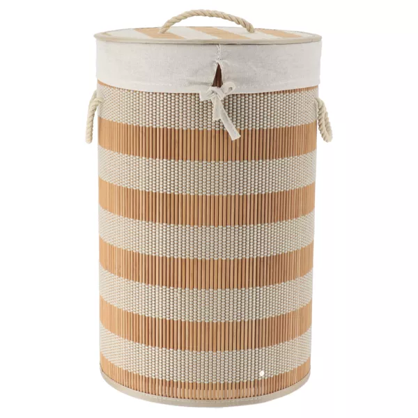 Panier à linge rond et pliable (H55 cm) Bambou Naturel et beige