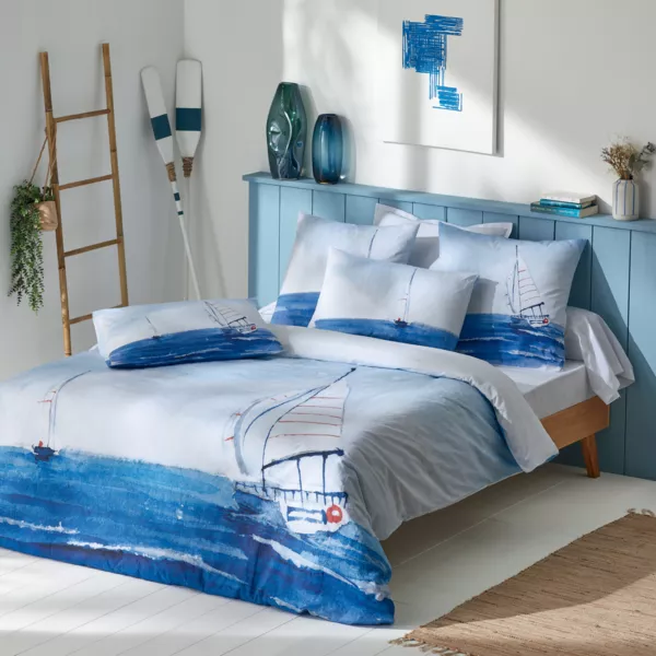 Perkale katoenen dekbedovertrek (280 x 240 cm) Regate Blauw
