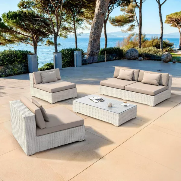 Loungeset van gevlochten hars 4 zitplaatsen 4 delig Palma Wit en taupe