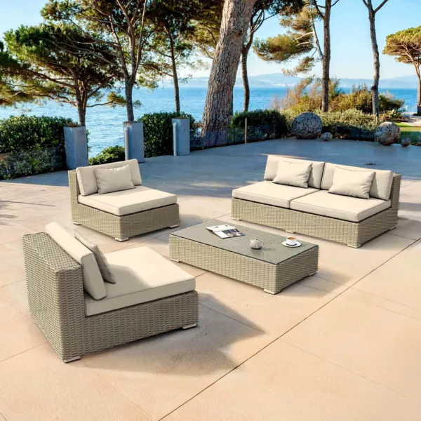 Loungeset van gevlochten hars 4 zitplaatsen 4 delig Palma Grijs en beige
