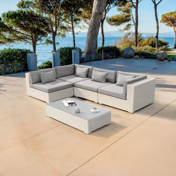 Salon de jardin en résine tressée 4 places 5 pcs Palma Blanc et gris