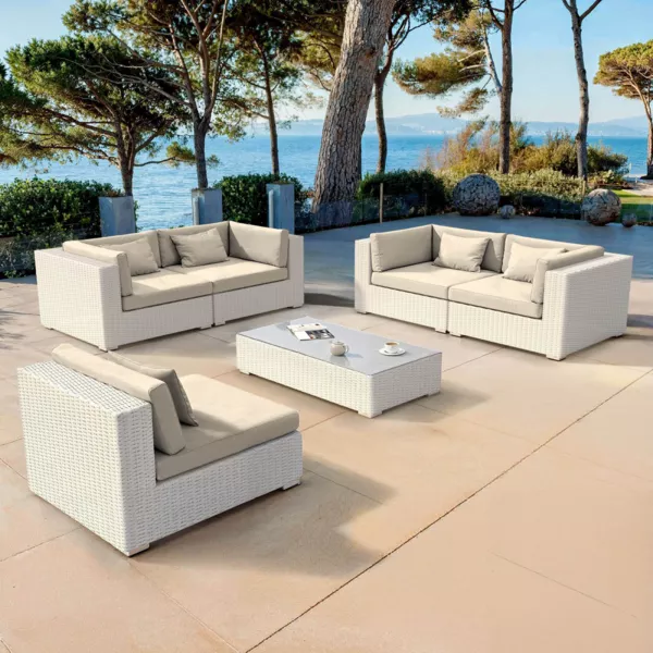 Loungeset van gevlochten hars 5 zitplaatsen 6 delig Palma Wit en beige
