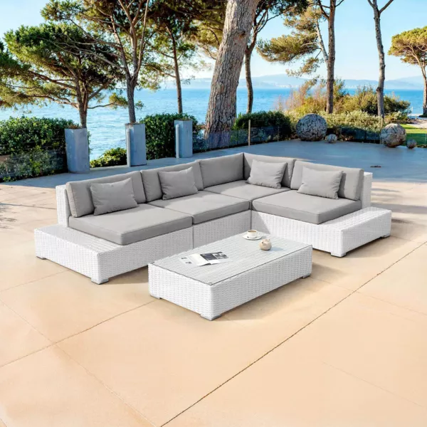 Loungeset hoekmodel van gevlochten hars 5 zitplaatsen Palma Wit en grijs