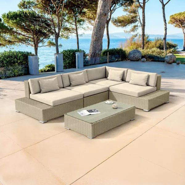 Loungeset hoekmodel van gevlochten hars 5 zitplaatsen Palma Grijs en beige
